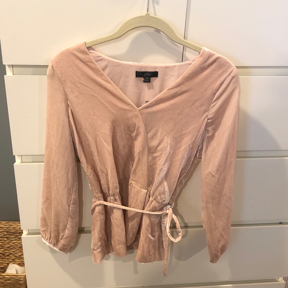 NWT J. Crew pink velvet faux wrap peplum top, size 00